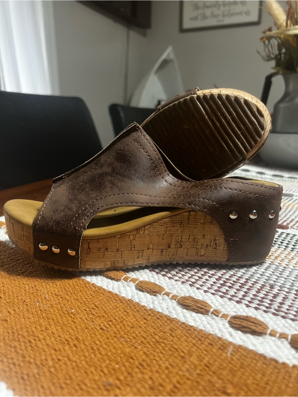 SHEIN Brown Cork Wedge Slide Sandals with Stud Accents